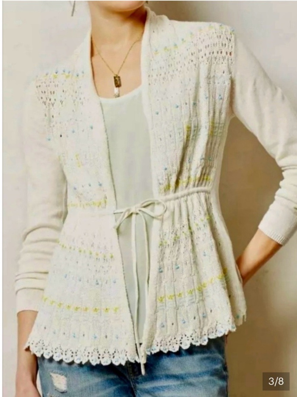 Moth  bohemian Cream Knit Tie-Waist Cardigan with Pastel Speckles.